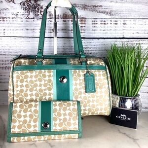 Coach Chelsea Heritage Signature bag set teal Green Tan Cream Purse Satchel